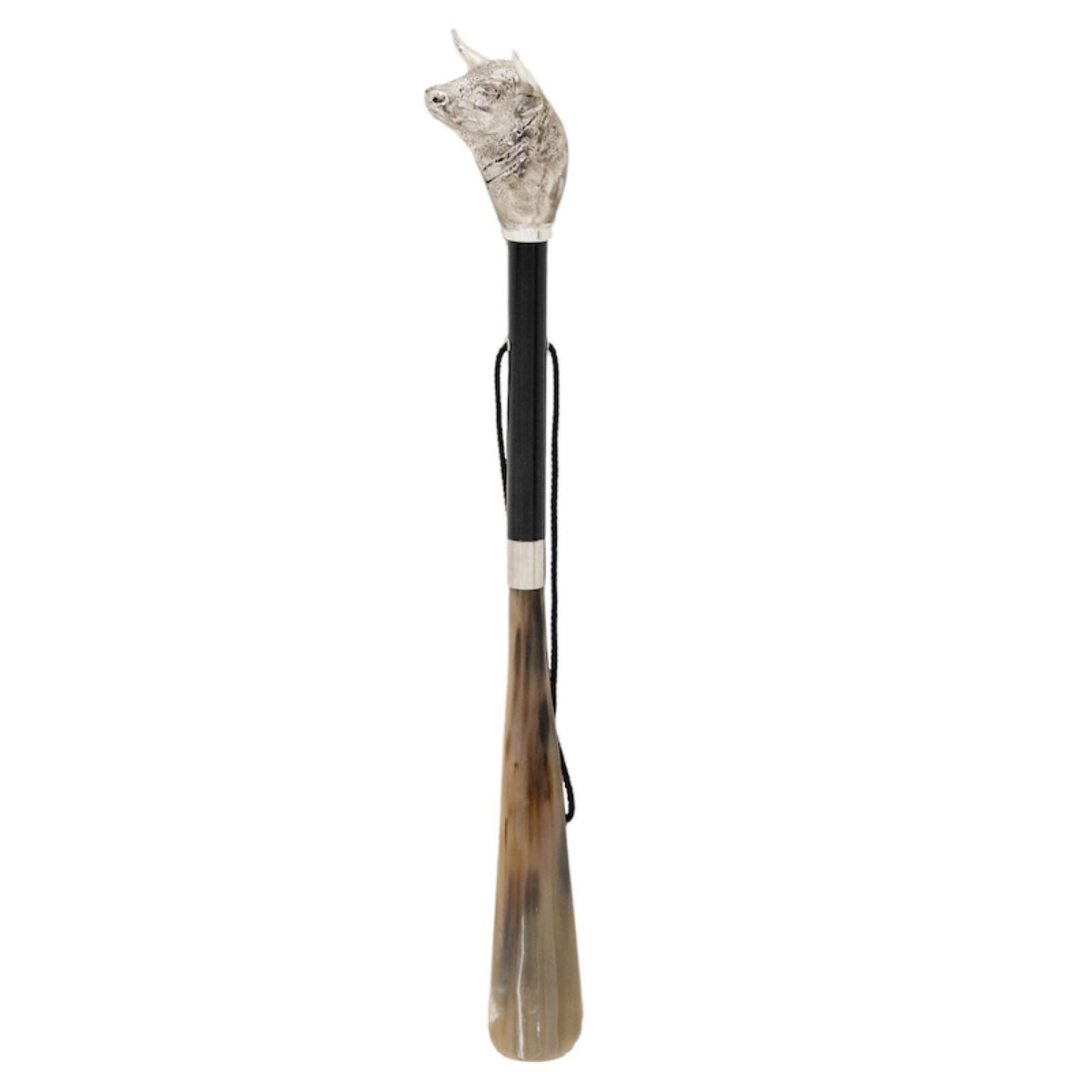 Bull head shoehorn standing upright: glossy black shaft, hanging cord and natural horn blade