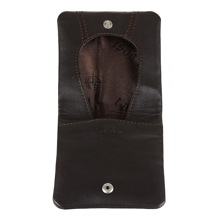 Dark brown Tony Perotti Cortina 5080 moro coin pouch opened flat — silver-grey lining printed with compass roses and the two snaps