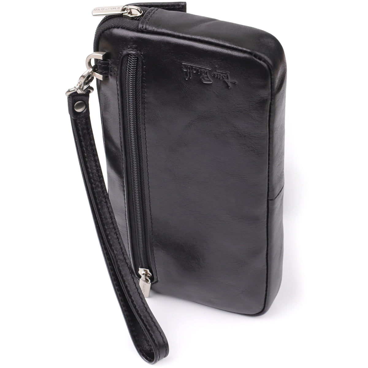 Tony Perotti Italico 9405 nero black leather clutch, front view lying flat