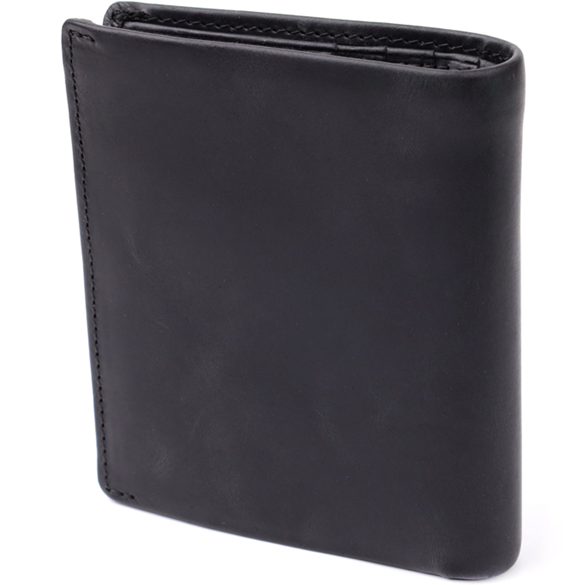 Tony Perotti Arno 1165 nero black leather bifold wallet, standing at an angle with the embossed oval Tony Perotti emblem
