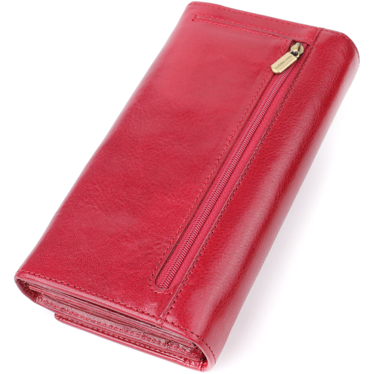 Tony Perotti Italico 1911 rosso red leather wallet — closed back view at an angle, an exterior zip pocket with a branded Tony Perotti zip puller