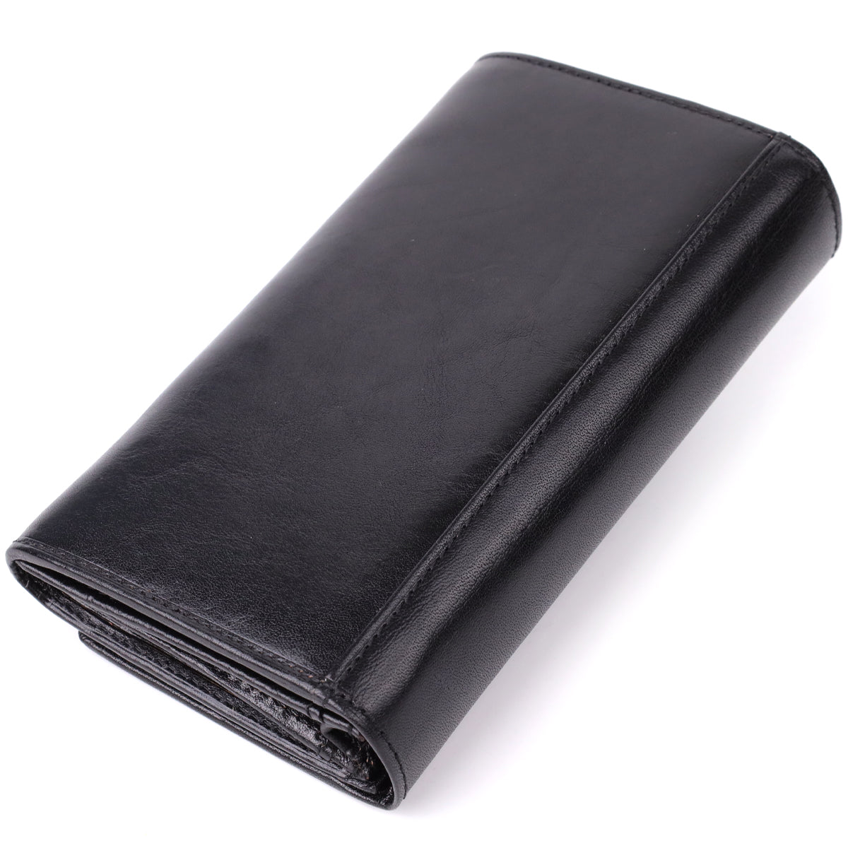 Tony Perotti Italico 1073 nero black leather flap wallet — closed back view at an angle, plain smooth leather