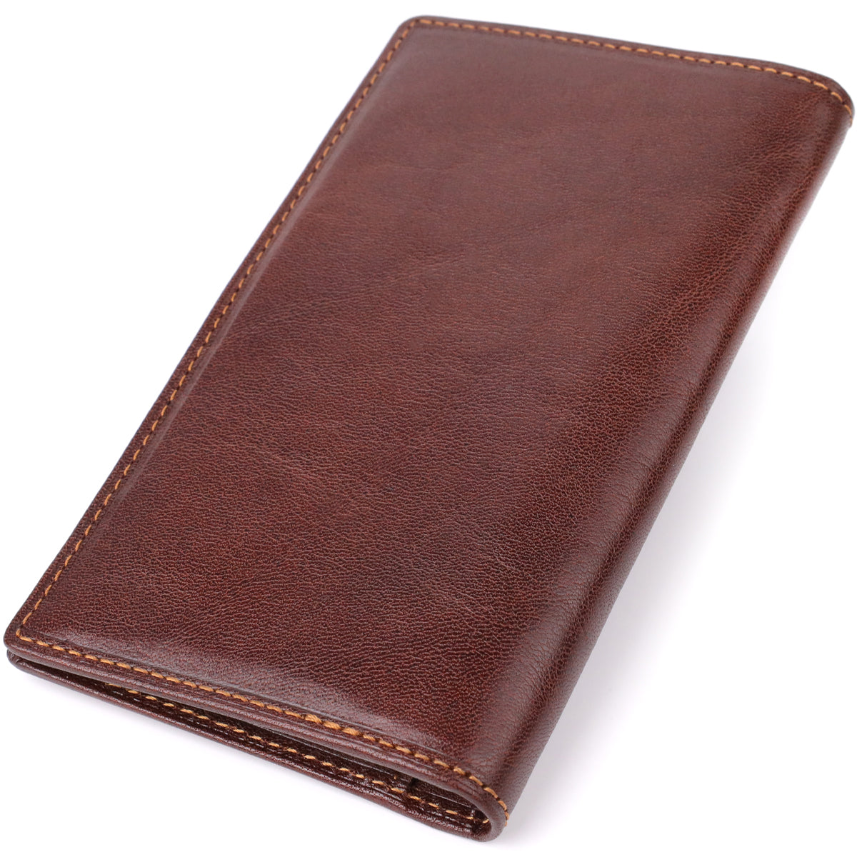Tony Perotti Italico 1438 moro dark brown leather coat wallet — closed back view at an angle, plain leather with contrasting orange stitching