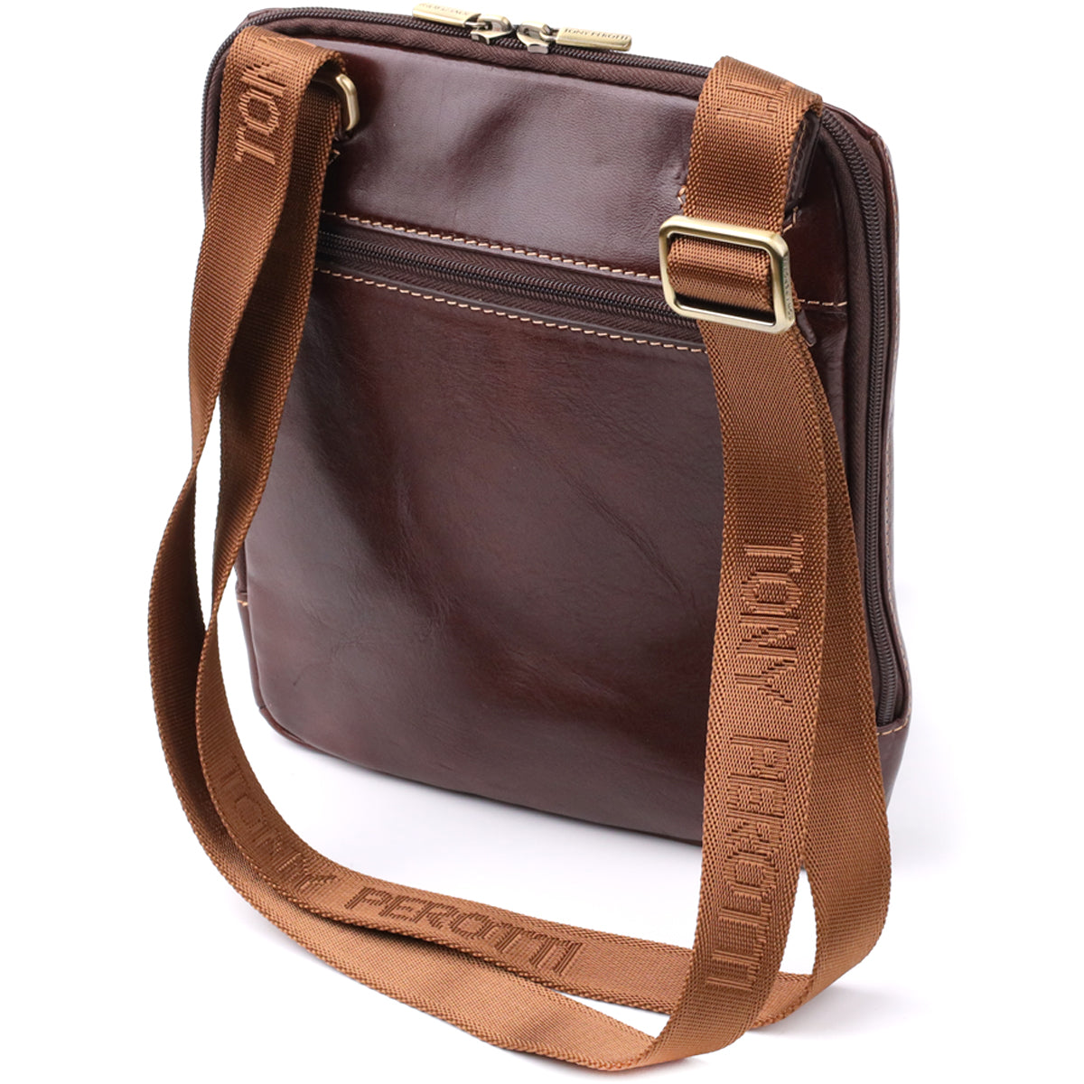 Side angled view of the dark brown Italico 9137-20 bag with the strap draped forward, showing the brass slide buckle and TONY PEROTTI lettering woven into the webbing