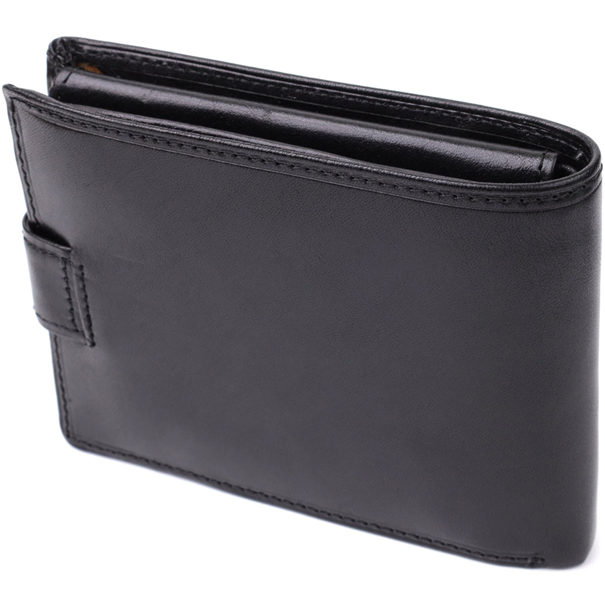 Tony Perotti Italico 396A-Q nero black leather bifold wallet — closed back view at an angle, plain smooth leather with the snap strap visible at the edge