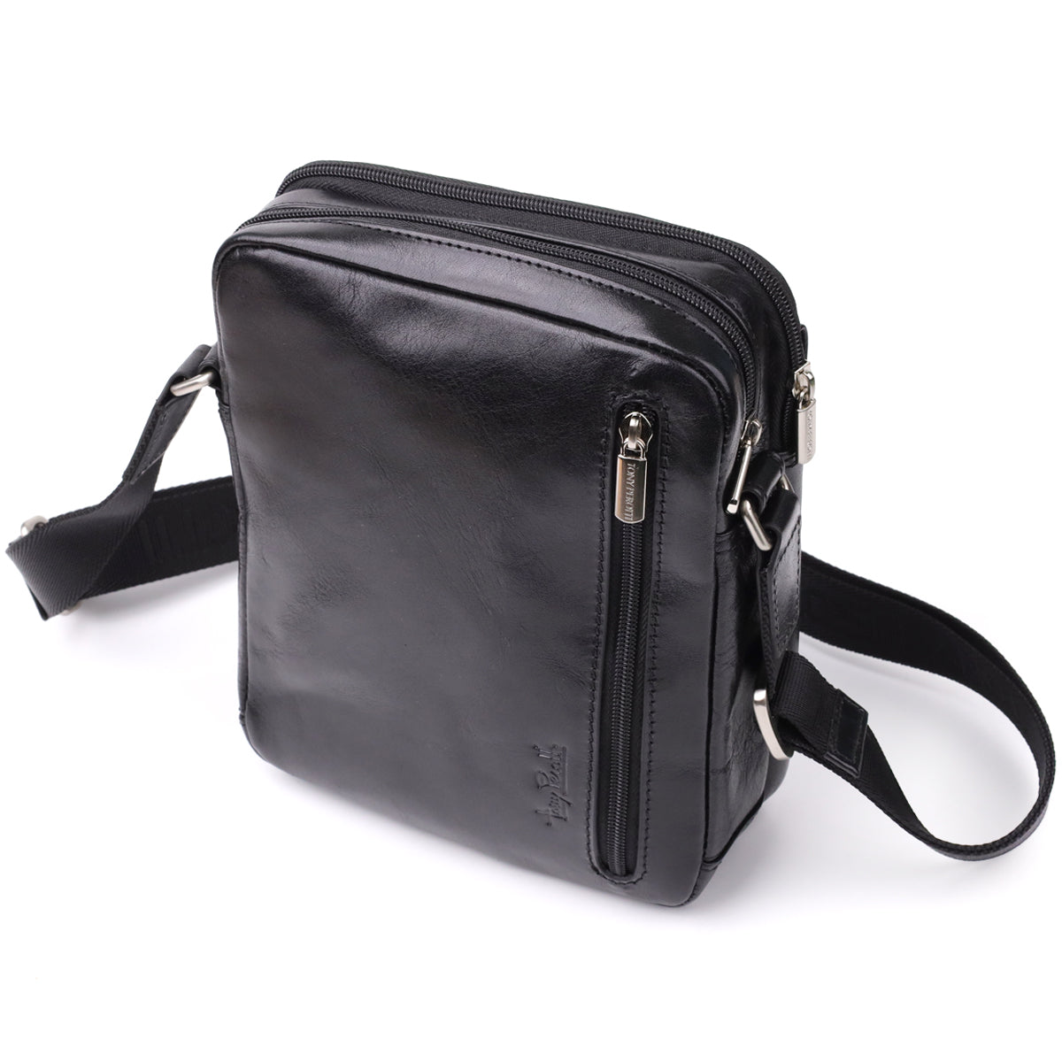 Side angled view of the Italico 9148-17 black bag showing the front vertical zip pocket and the strap with woven TONY PEROTTI lettering