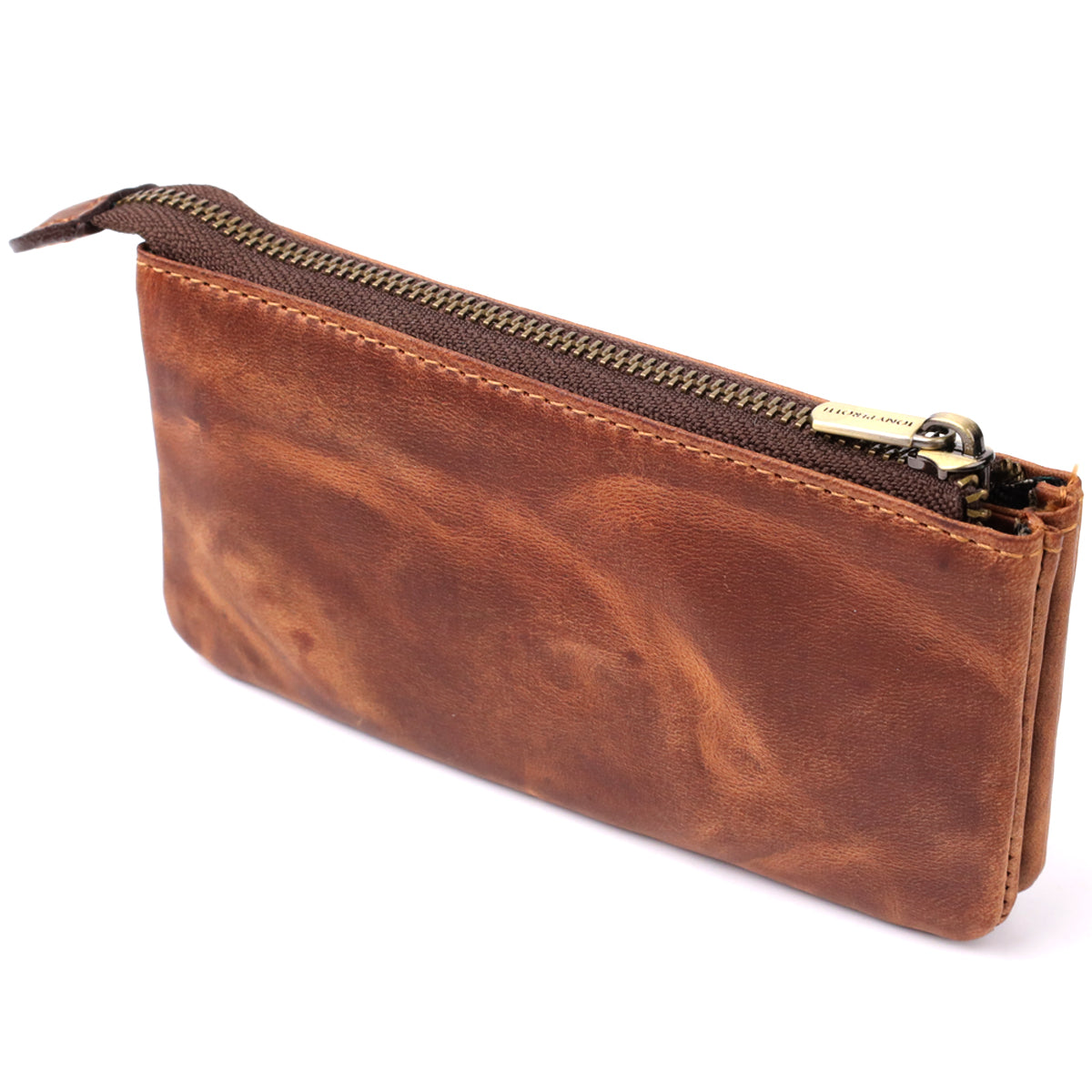 Tony Perotti Arno 3350 whisky tan leather key case, back view at an angle showing the zip along the top edge