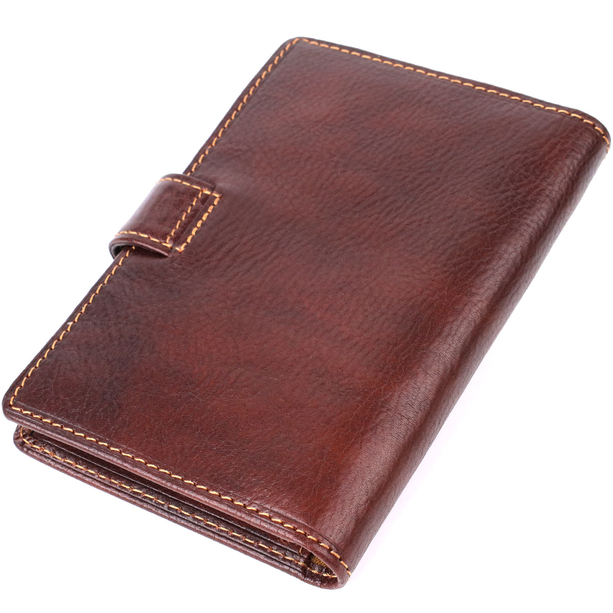 Tony Perotti Italico 1423A moro document holder standing closed, front view with the snap tab and embossed emblem