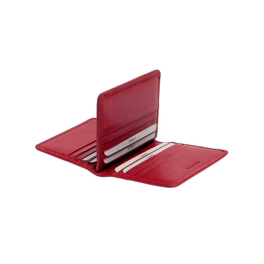 Tony Perotti Cortina 5023 rosso — half open at an angle, showing the rows of card slots