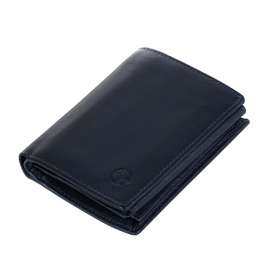 Navy Tony Perotti Cortina 5054 wallet lying closed, seen from above — the fold and the layered edge
