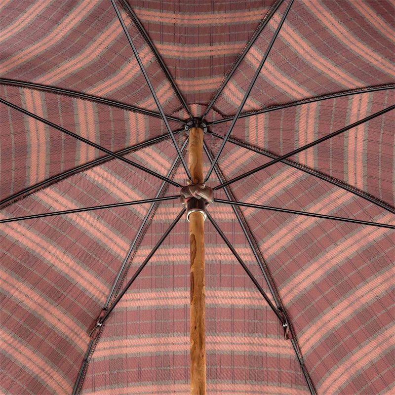 Underside of the canopy with a rose and salmon check, eight ribs and ash shaft
