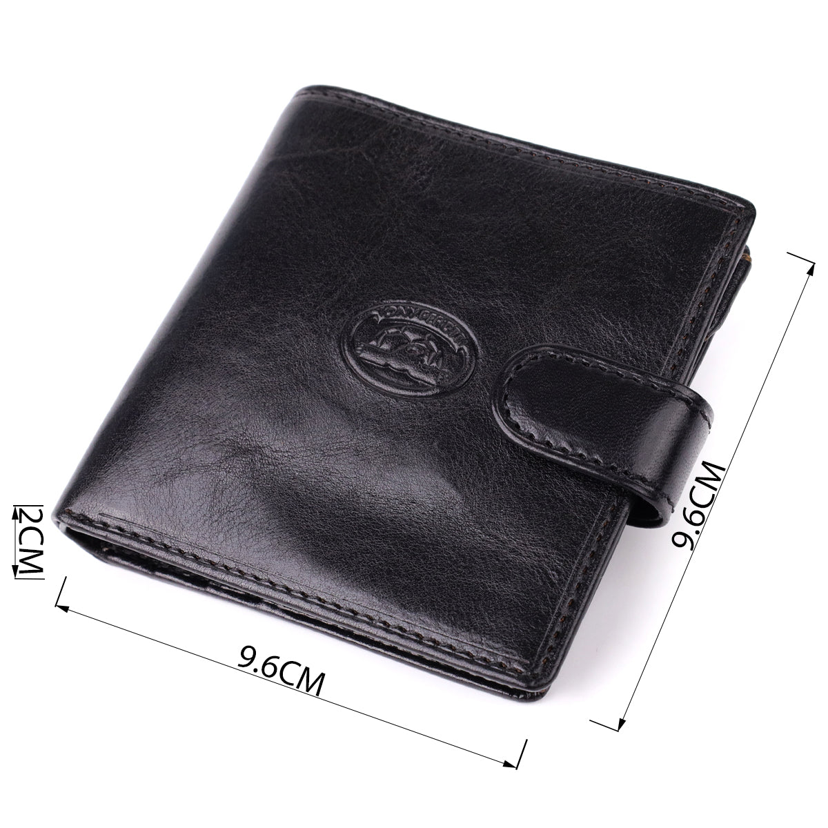 Tony Perotti Italico 1256 nero black leather compact wallet with dimensions marked — 9.6 × 9.6 × 2 cm