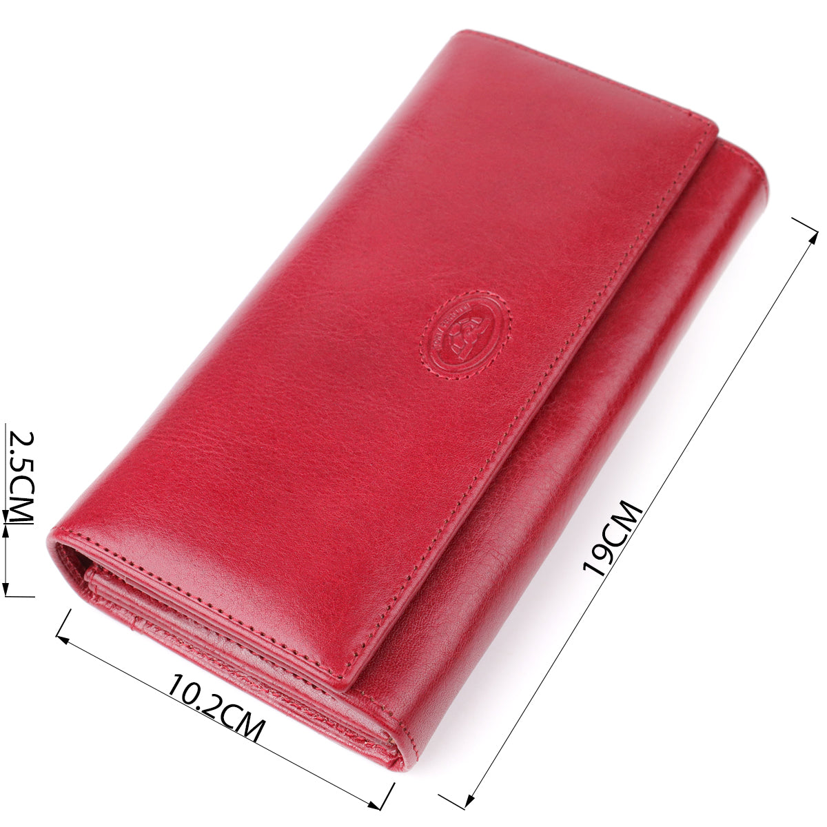 Tony Perotti Italico 1911 rosso red leather wallet with dimensions marked — 19 × 10.2 × 2.5 cm