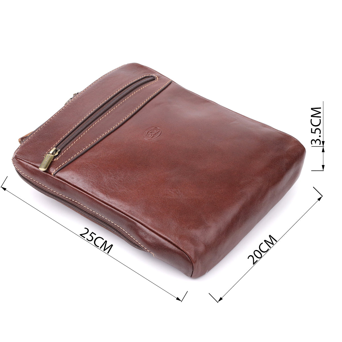 Italico 9137-20 dark brown crossbody bag shown with dimension markers — 25 cm long, 20 cm high, 3.5 cm deep