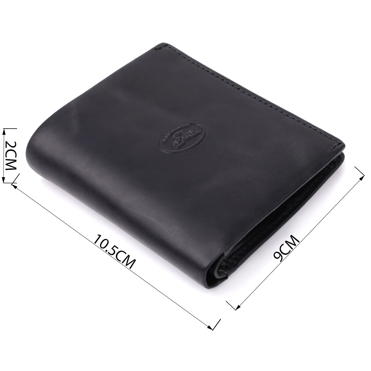 Tony Perotti Arno 1165 nero black leather bifold wallet with dimensions marked — 10.5 × 9 × 2 cm