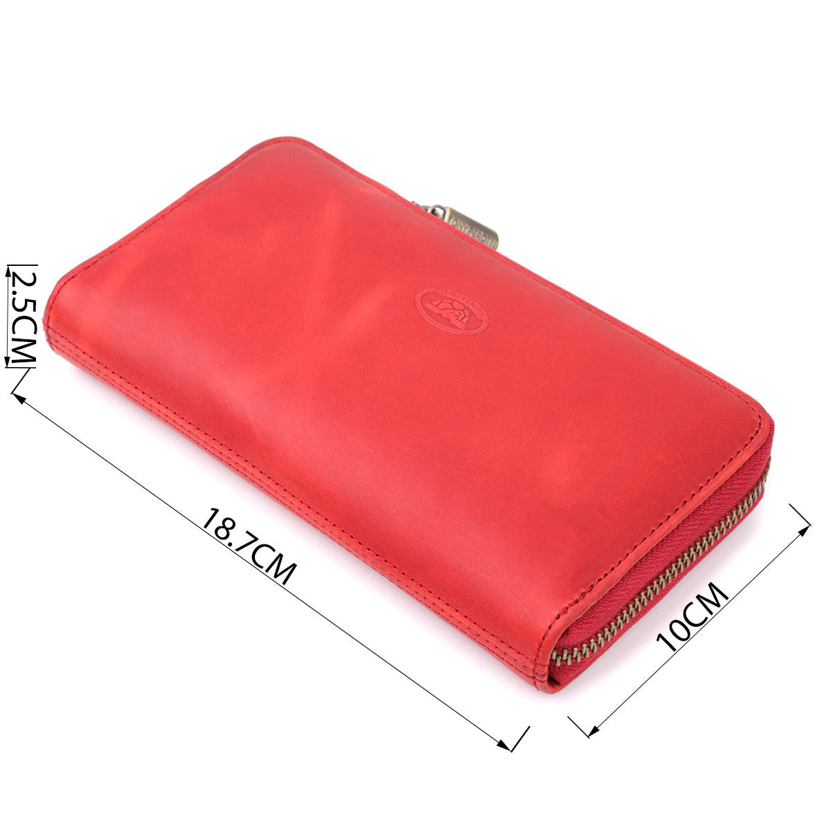Tony Perotti Arno 2250 rosso red leather wallet with dimensions marked — 18.7 × 10 × 2.5 cm