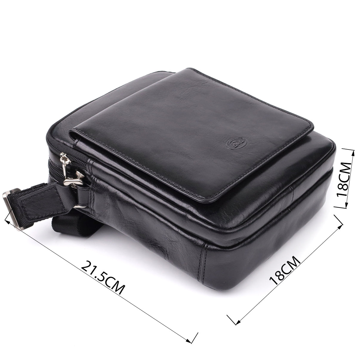Italico 9148-17 black crossbody bag shown with dimension markers — 21.5 cm long, 18 cm high, 18 cm deep