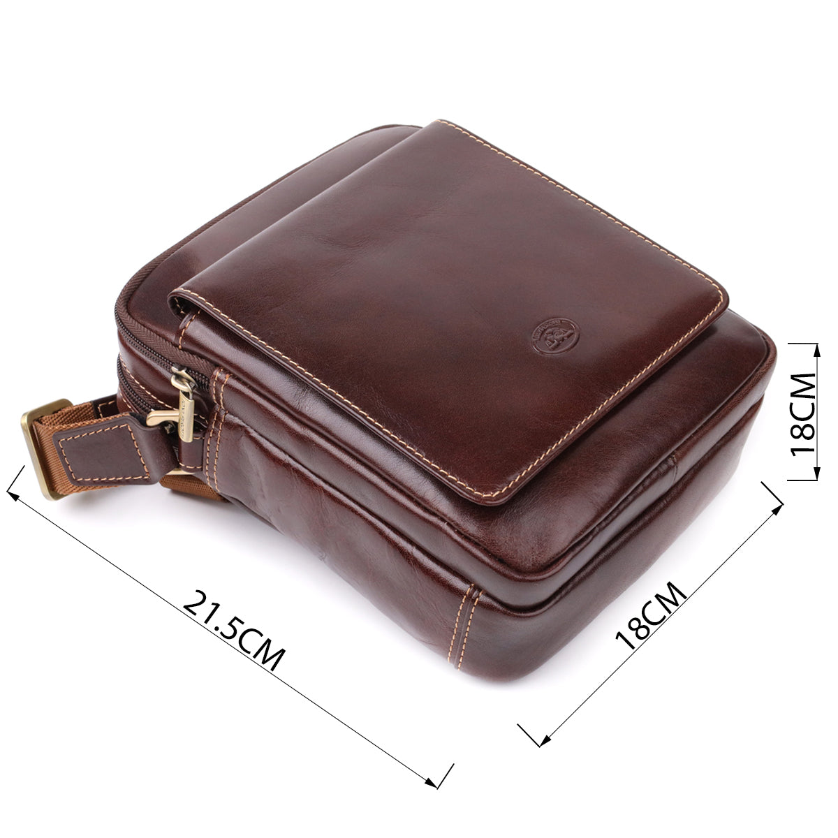 Italico 9148-17 crossbody bag shown with dimension markers — 21.5 cm long, 18 cm high, 18 cm deep