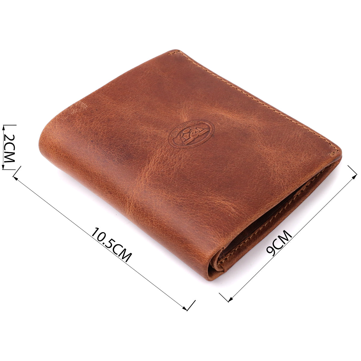 Tony Perotti Arno 1165 whisky brown leather bifold wallet with dimensions marked — 10.5 × 9 × 2 cm