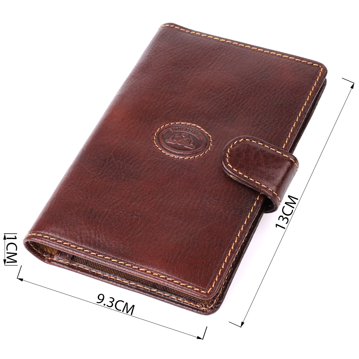 Tony Perotti Italico 1423A moro document holder shown with dimension markers — 13 cm long, 9.3 cm wide, 1 cm deep