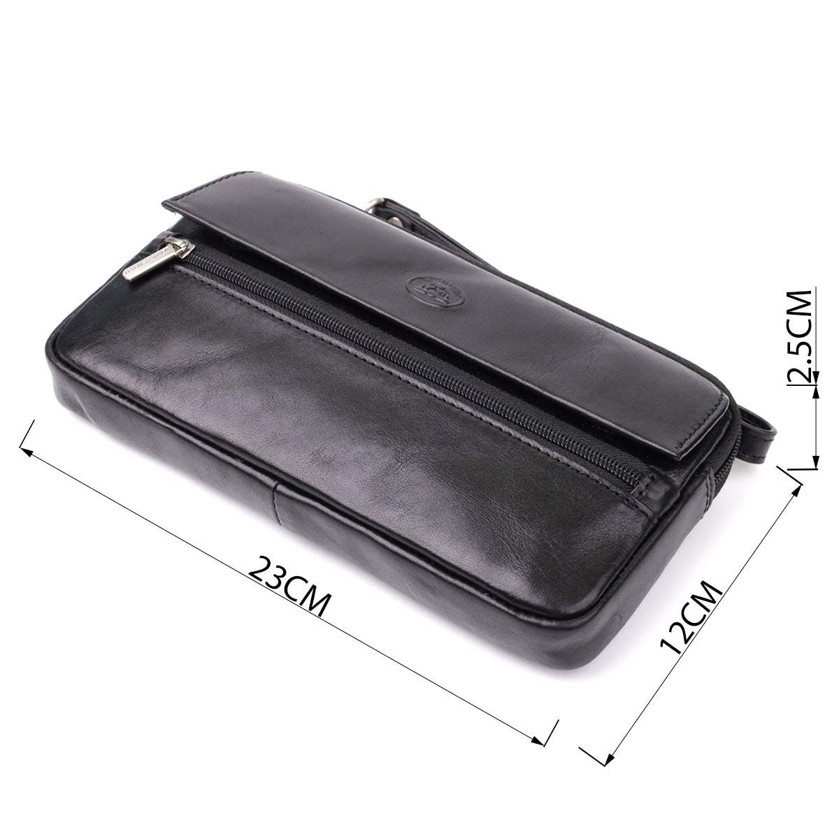 Tony Perotti Italico 9405 nero black leather clutch with dimensions marked — 23 × 12 × 2.5 cm