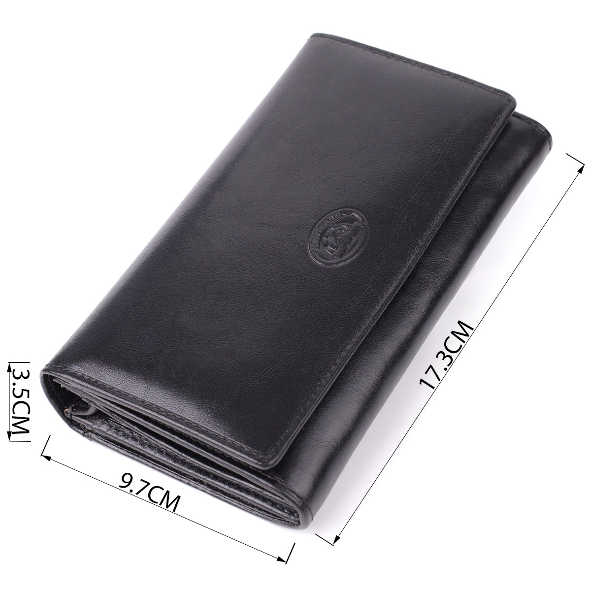Tony Perotti Italico 1073 nero black leather flap wallet with dimensions marked — 17.3 × 9.7 × 3.5 cm