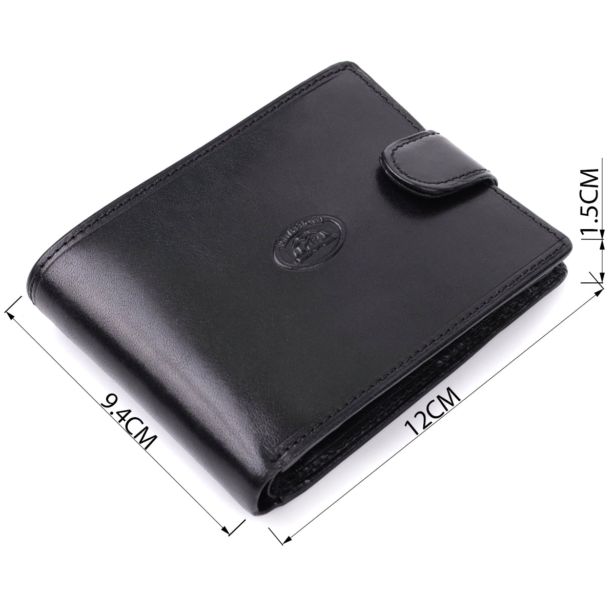 Tony Perotti Italico 396A-Q nero black leather bifold wallet with dimensions marked — 12 × 9.4 × 1.5 cm