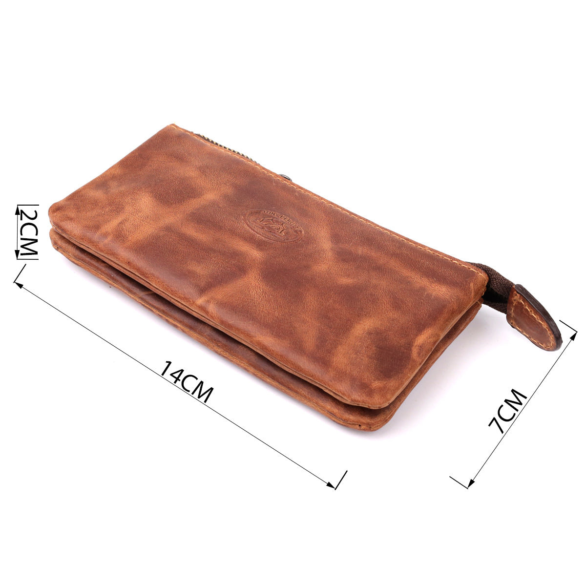 Tony Perotti Arno 3350 whisky tan leather key case with dimensions marked — 14 × 2 × 7 cm