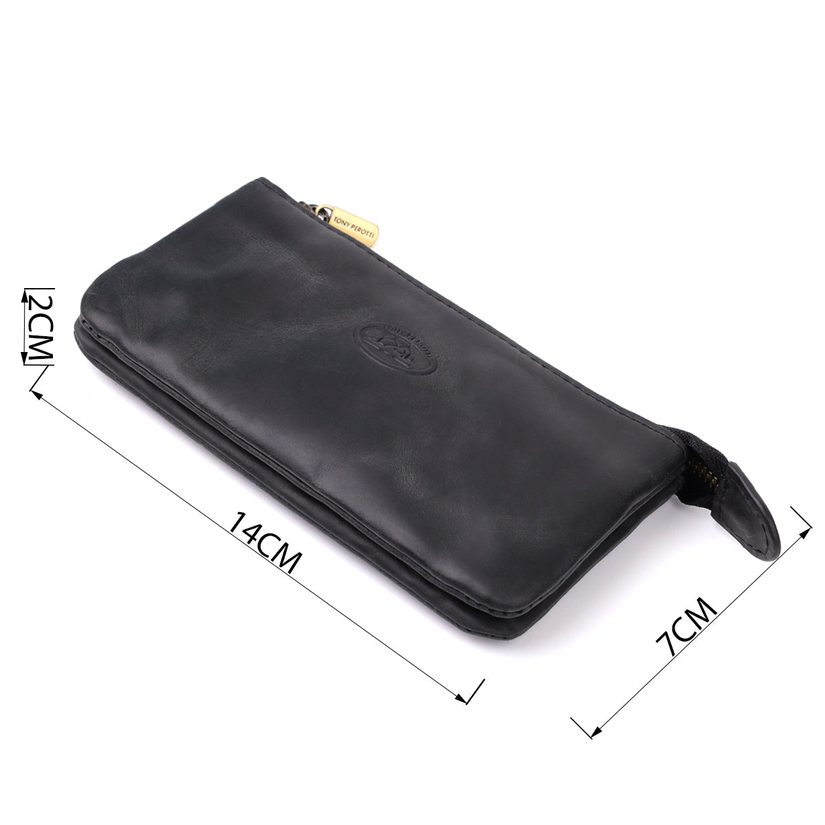 Tony Perotti Arno 3350 nero black leather key case with dimensions marked — 14 × 2 × 7 cm