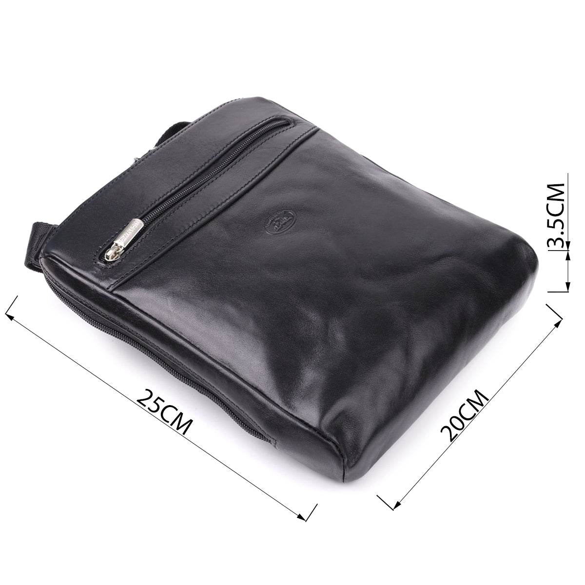 Italico 9137-20 crossbody bag shown with dimension markers — 25 cm long, 20 cm high, 3.5 cm deep