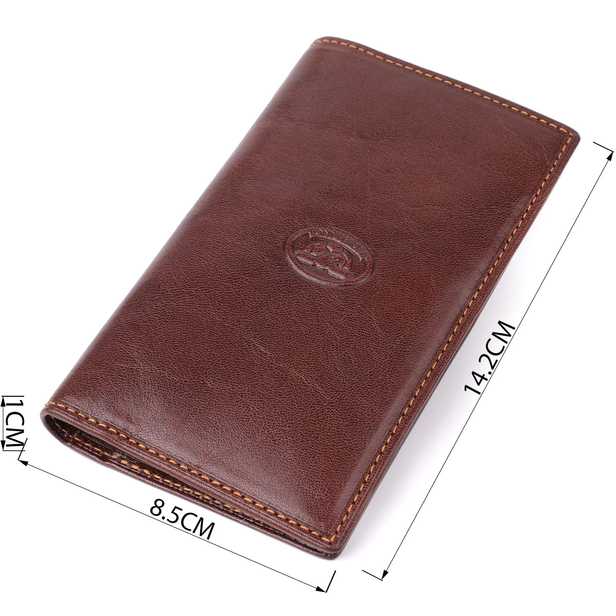 Tony Perotti Italico 1438 moro dark brown leather coat wallet with dimensions marked — 14.2 × 8.5 × 1 cm