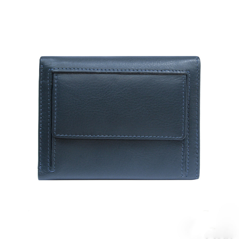 Back of the navy Tony Perotti Cortina 5063 wallet with the coin pocket under its own flap