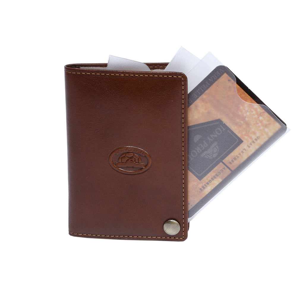 Cognac leather business card holder with removable sleeve insert fanned out — Tony Perotti Italico 2028 cognac