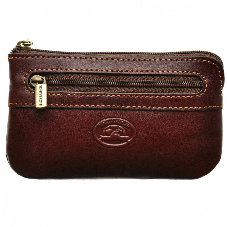 Tony Perotti dark brown bull leather zip key pouch with contrast stitching — Italico 359 moro