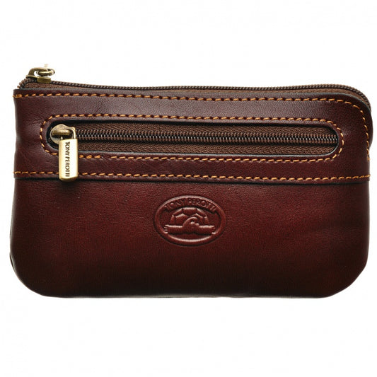 Tony Perotti dark brown bull leather zip key pouch with contrast stitching — Italico 359 moro