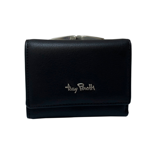 Women's black kiss-lock coin pocket detail — metal fermoir clasp, Tony Perotti