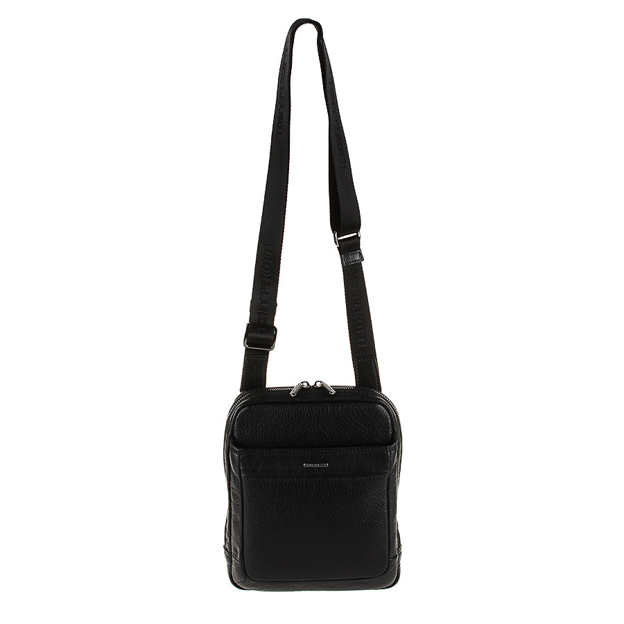 Tony Perotti New Contatto 9984-17 nero black leather crossbody bag hanging on its full-length strap
