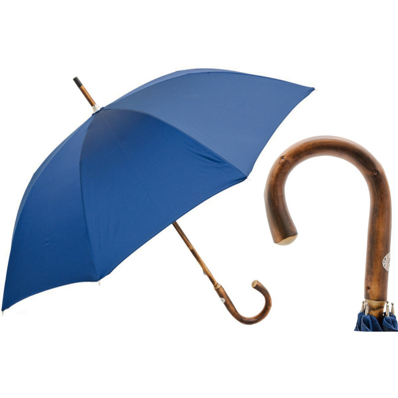 Pasotti men's blue umbrella with one-piece chestnut handle, open, with a close-up of the handle — 476 Oxf-8 C