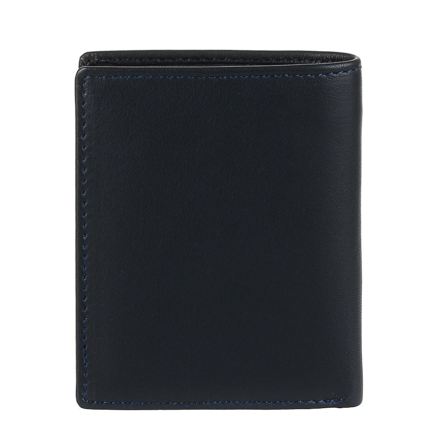 Back of the navy Tony Perotti Cortina 5088 navy card wallet — plain calf leather panel with blue edge stitching