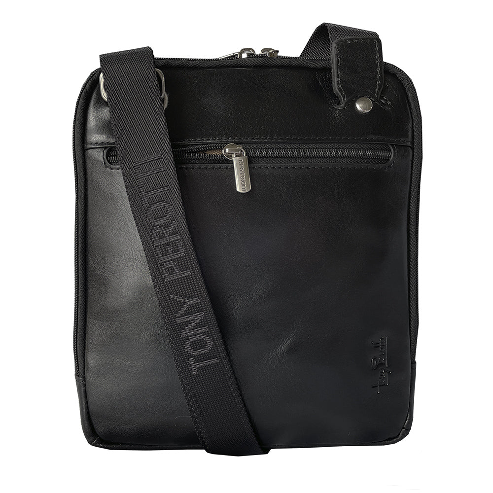 Back of the black Italico 9137-20 crossbody bag — rear zip pocket, riveted strap anchors and embossed Tony Perotti signature