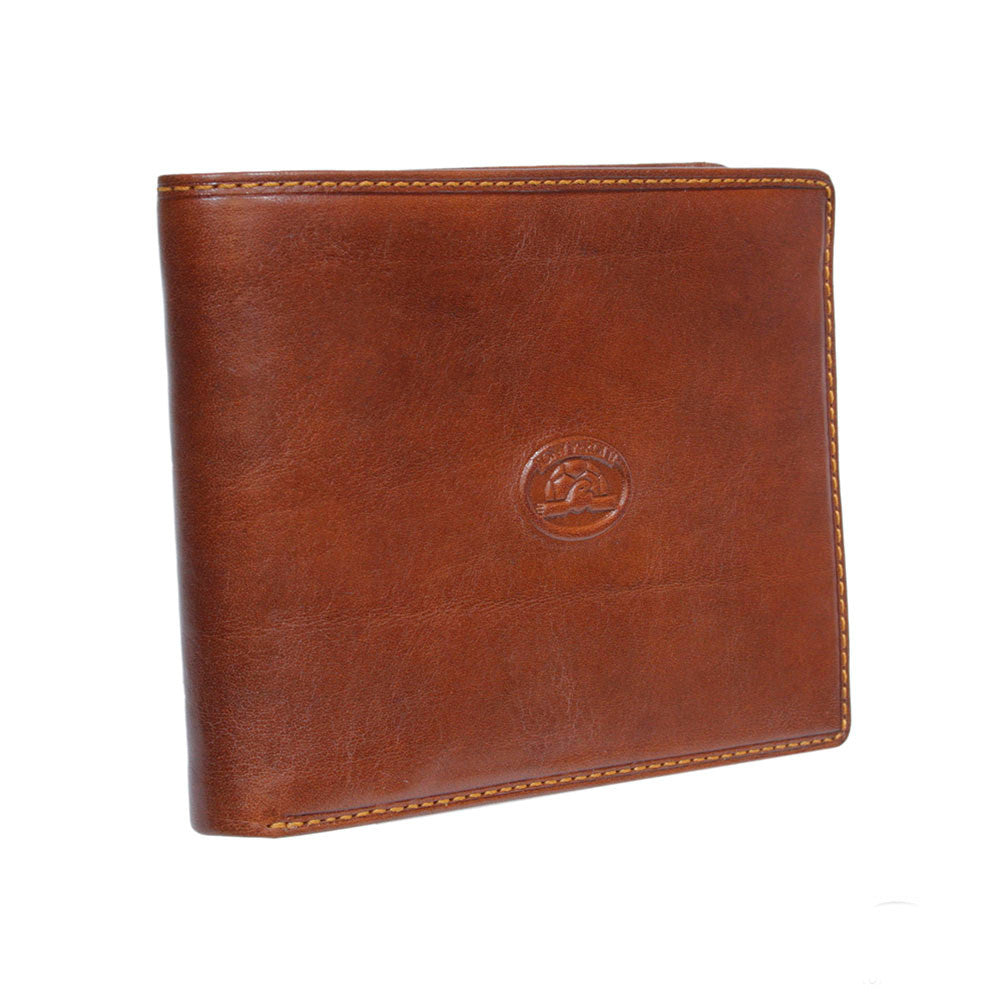 Open cognac leather bifold wallet showing card slots and ID window — Tony Perotti Italico 314