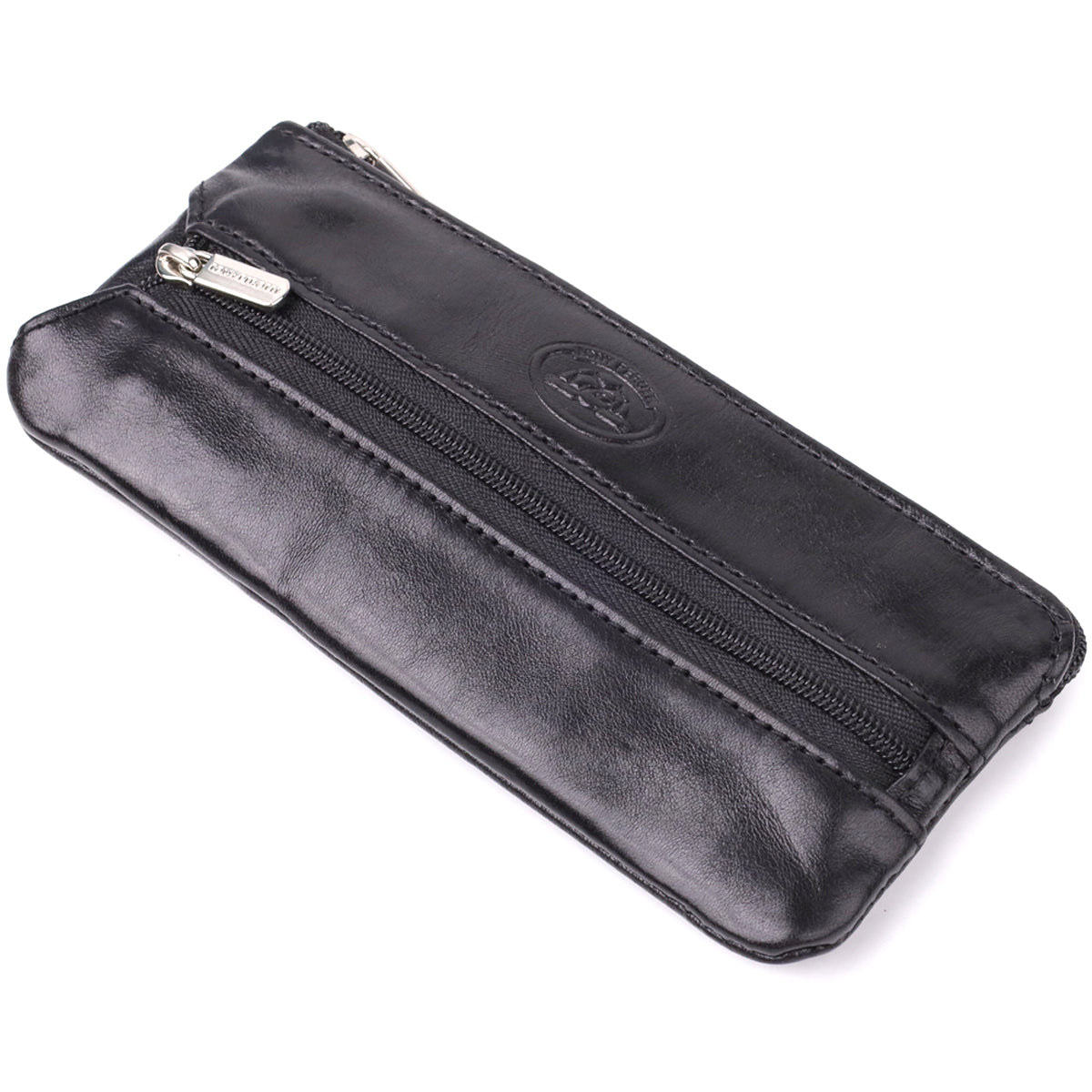Tony Perotti Italico 2686 nero black leather key case closed, shown at an angle with the embossed oval emblem
