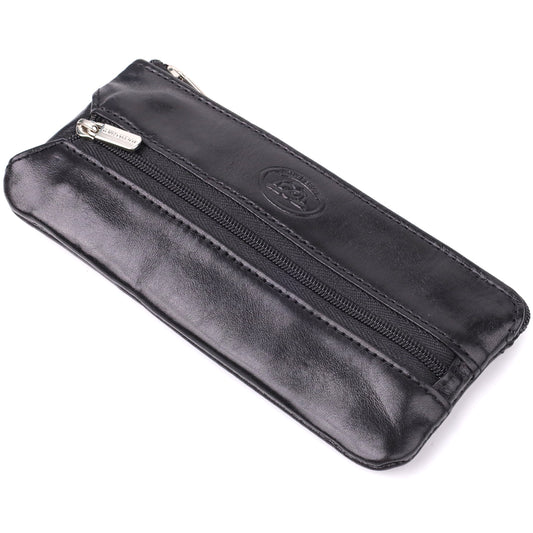 Tony Perotti Italico 2686 nero black leather key case closed, shown at an angle with the embossed oval emblem