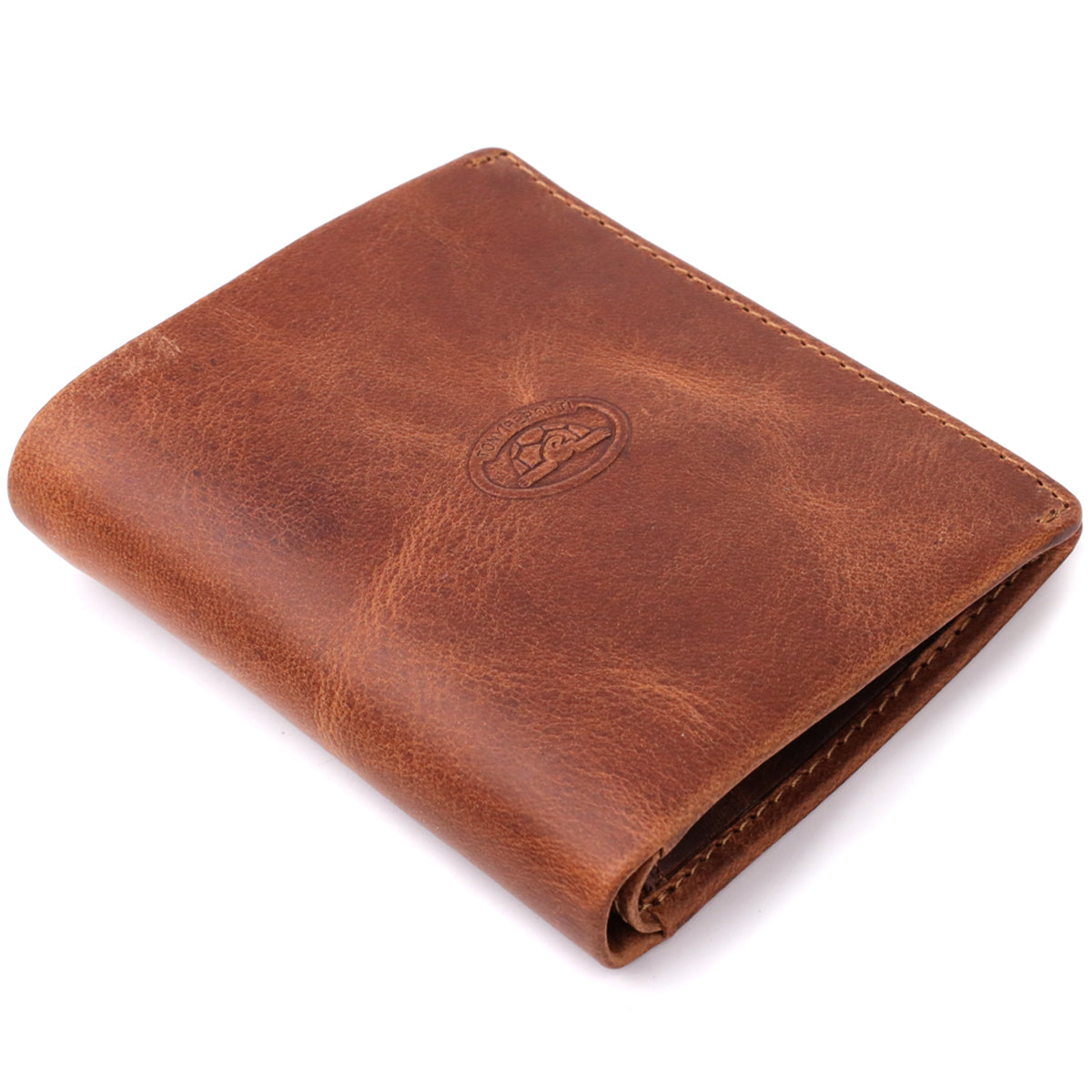 Tony Perotti Arno 1165 whisky brown leather bifold wallet, standing at an angle with the embossed oval Tony Perotti emblem
