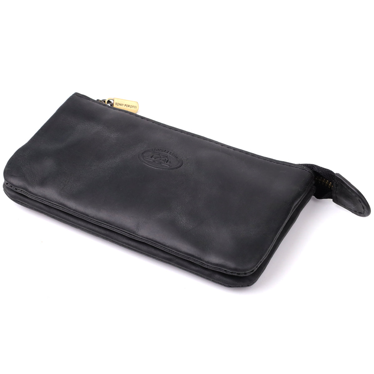 Tony Perotti Arno 3350 nero black leather key case, closed front view with the embossed oval emblem and metal zip pull