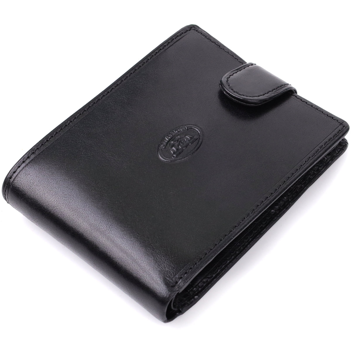 Tony Perotti Italico 396A-Q nero black leather bifold wallet, standing at an angle with the embossed oval Tony Perotti emblem and snap-strap closure