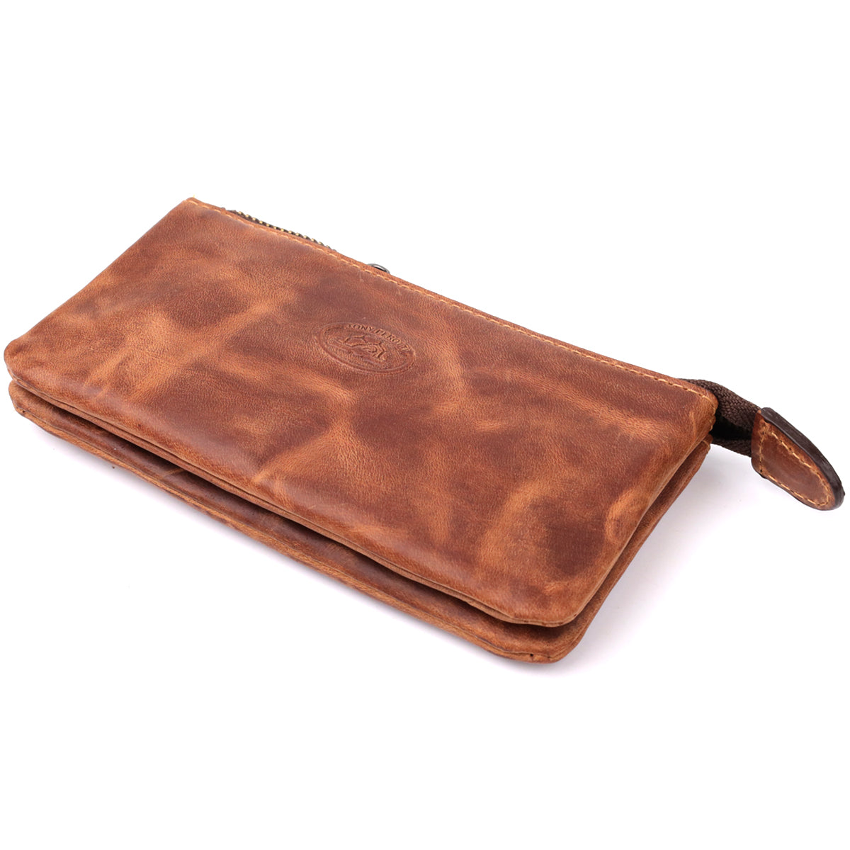 Tony Perotti Arno 3350 whisky tan leather key case, closed front view with the embossed oval emblem and metal zip pull