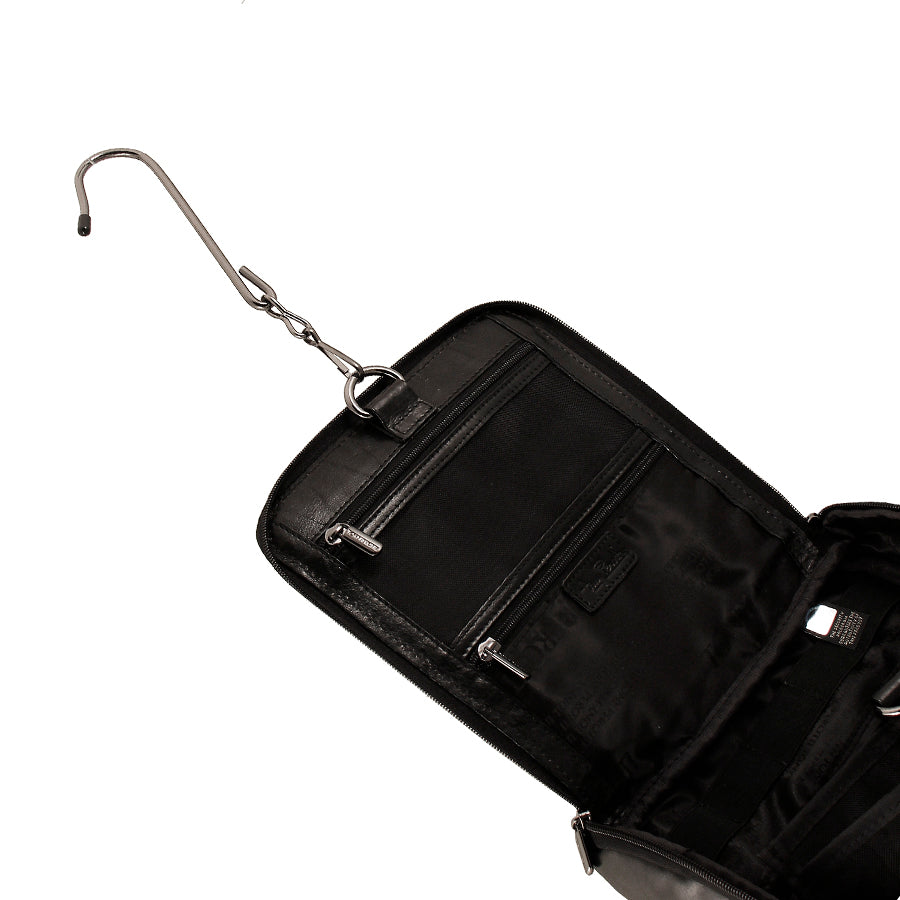 Tony Perotti Italico 8220 nero toiletry bag — removable hook on a chain clipped to the D-ring inside the flap