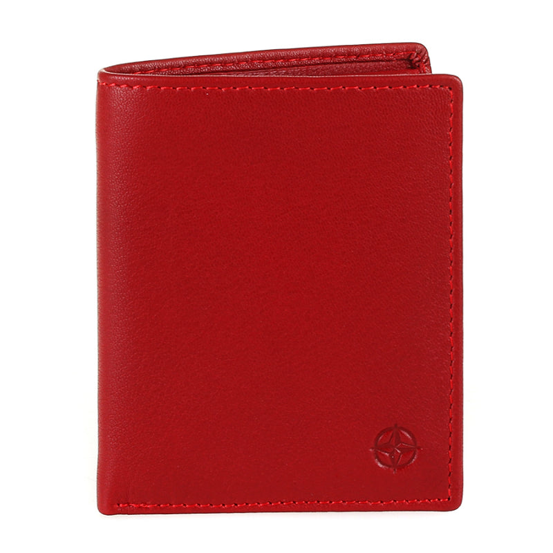 Front of the red Tony Perotti Cortina 5088 rosso card wallet seen straight on — the embossed compass rose in the lower corner