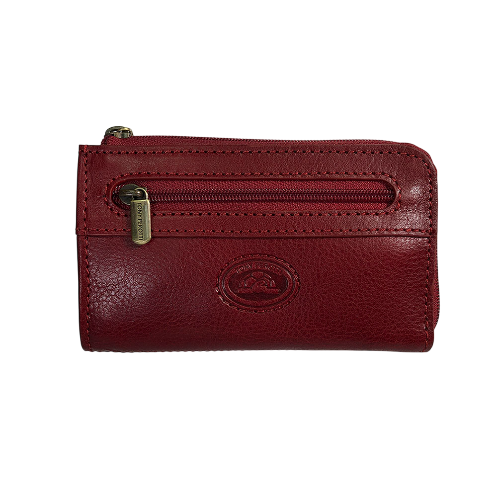 Red leather key case, front view with the zip pocket and embossed turtle emblem — Tony Perotti Italico 1941L rosso